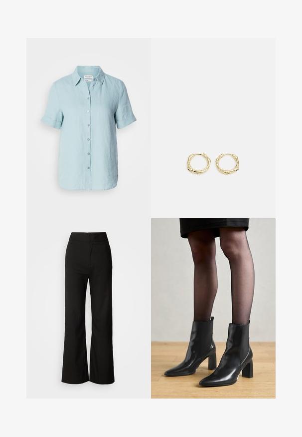 Camisa de botão em linho azul-claro, com mangas curtas, apresentando um colarinho e punhos arregaçados, e seis botões na frente. Textura suave.; Calças largas pretas com uma textura suave, cintura alta e um design clean. Sem bolsos visíveis ou adornos.; Botas de tornozelo em couro preto com bico fino, salto quadrado robusto e design elegante. Apresenta painéis laterais elásticos para facilitar o calçar.; Brincos de argola dourados com um formato irregular e texturizado. Apresentam um fecho sem emenda e um acabamento polido, destacando um design moderno.