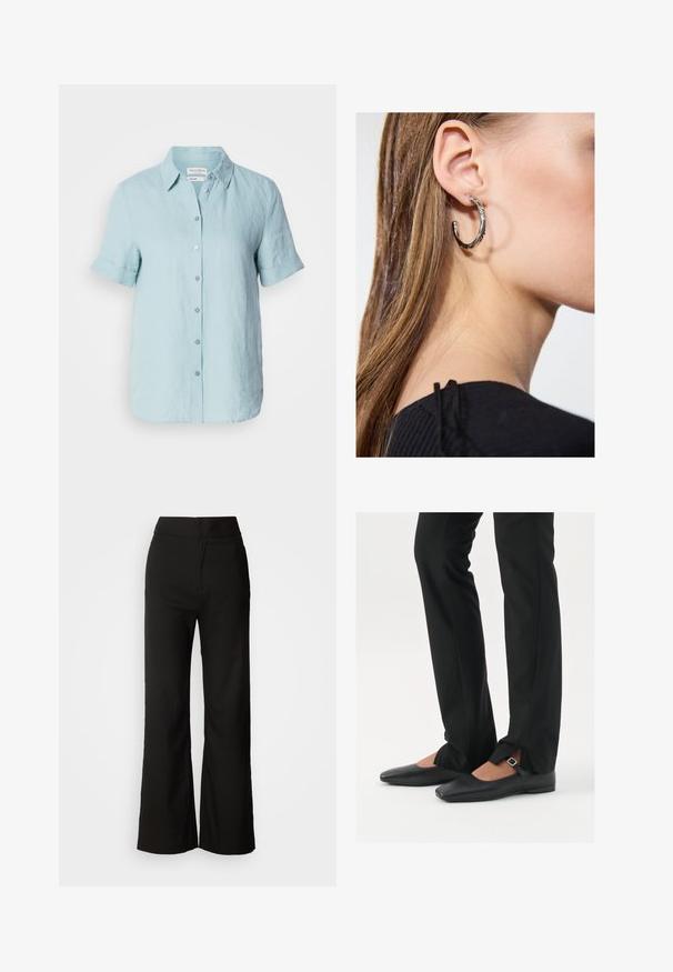 Svetlo modra lanena srajca z gumbki, kratkimi rokavi, ovratnikom in zavihanimi manšeti, ter šestimi gumbi spredaj. Gladka tekstura.; Črne široke hlače z gladko teksturo, visokim pasom in čistim dizajnom. Brez vidnih žepov ali okrasnih elementov.; Črne usnjene balerinke s koničastim nosom, trak z srebrno zaponko, v kombinaciji s črnimi elegantnimi hlačami z razporkom na robu.; Srebrna obročasta uhana s polirano površino, ki vključuje majhne zlate poudarke in okroglo obliko, nošena na ušesnem lobu.