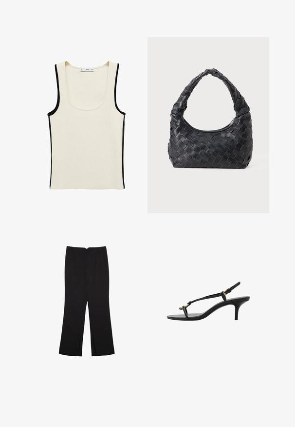 Hvid ribbet tanktop med sort piping langs kanterne og scoop-udskæring. Lavet af et strækbart stof, uden yderligere mønstre eller hardware.; Sorte bukser med lige pasform, der har frontlommer og slidser i kanten. Lavet af blødt, glat stof. Velegnet til forskellige anledninger.; Sort læder kitten hæl sandal med tynde stropper, guldspænde og minimalistisk tå løkke på en hvid baggrund.; Sort læder vævet skuldertaske med et afrundet håndtag og en halvmåneformet krop på en ensfarvet baggrund.