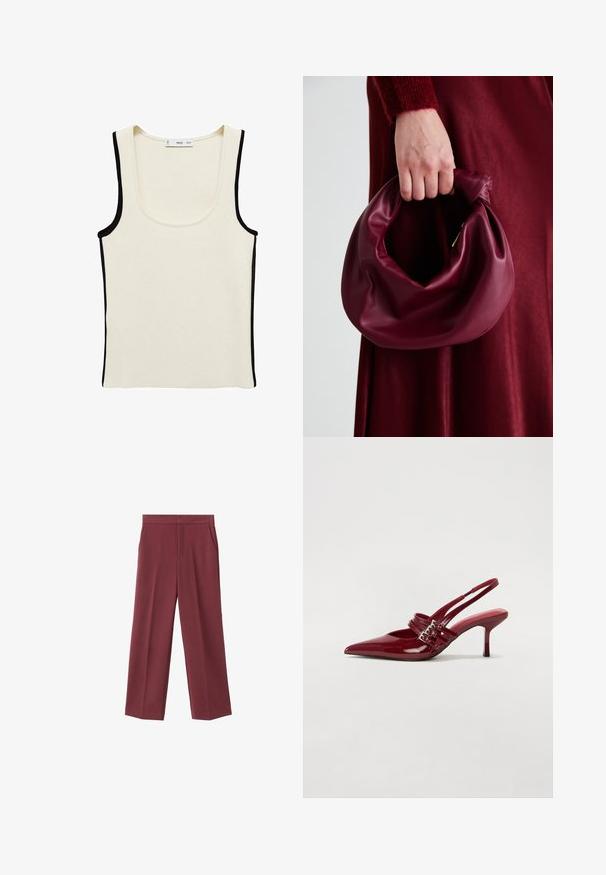 Witte geribbelde tanktop met zwarte bies langs de randen en een ronde hals. Gemaakt van een rekbare stof, zonder extra patronen of hardware.; Bordeaux brede broek met een zachte textuur, voorzien van zijzakken en een hoogtaille ontwerp. Strak gesneden met een nette voorplooi.; Rode gepatenteerde leren slingbackhakken met een spitse neus, twee gespsluitingen en een slanke, middelhoge stilettohak. Glad textuur.; Bordeaux leren handtas met een zacht, gegathered ontwerp en een ronde vorm. De handgreep is stevig bevestigd en toont een gladde textuur.