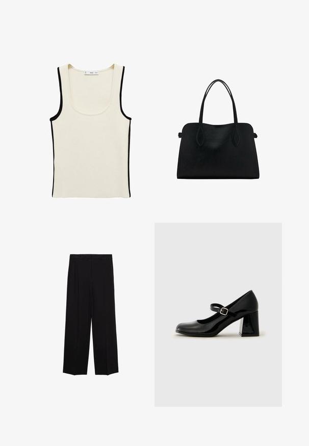 Bela rebrasta majica brez rokavov z črnimi robovi ob robovih in okroglim izrezom. Narejena je iz raztegljive tkanine in nima dodatnih vzorcev ali okovja.; Črne široke hlače iz gladkega materiala, z gubami spredaj in stranskimi žepi, zasnovane v ravnem, sproščenem kroju.; Črne lakaste Mary Jane čevlje z zaobljenim nosom, nastavljivim trakom in debelim pravokotnim peto. Gladka tekstura z sijočo površino.; Črna usnjena torbica z dvema naramnima trakoma, pravokotne oblike in minimalističnim dizajnom na beli podlagi.