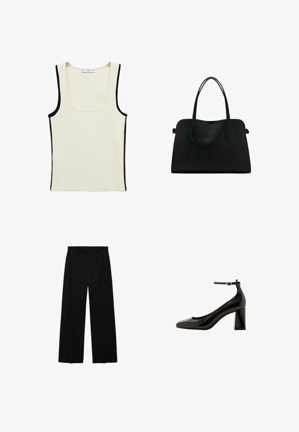 Witte geribbelde tanktop met zwarte bies langs de randen en een ronde hals. Gemaakt van een rekbare stof, zonder extra patronen of hardware.; Zwarte hoge taille wijde broek met riemlussen en zijzakken, voorzien van een voorzijde met rits en knoopsluiting.; Zwarte lakleren enkelschoenen met een glanzende afwerking, spitse neus en een dikke blokhak. Vetruige textuur, minimale detaillering.; Zwarte leren handtas met dubbele schouderriemen, rechthoekige vorm en minimalistisch ontwerp op een witte achtergrond.