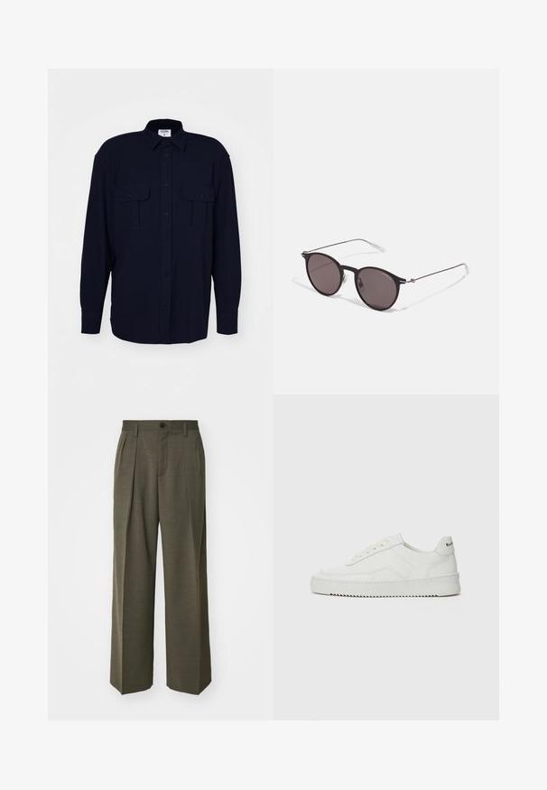 Filippa K RELAXED PATCH POCKET SHIRT - Ing - navy; Filippa K WIDE TROUSERS - Nadrágok - driftwood; Fehér bőr sportcipő sima felülettel, kerek orral, lapos fűzőkkel és texturált talppal. Finom logó található a sarokon.; Fekete kerek napszemüveg sötét lencsékkel és karcsú fém szárakkal. Átlátszó szárvégeket és ezüst részleteket tartalmaz az ívnél. Minimalista dizájn.