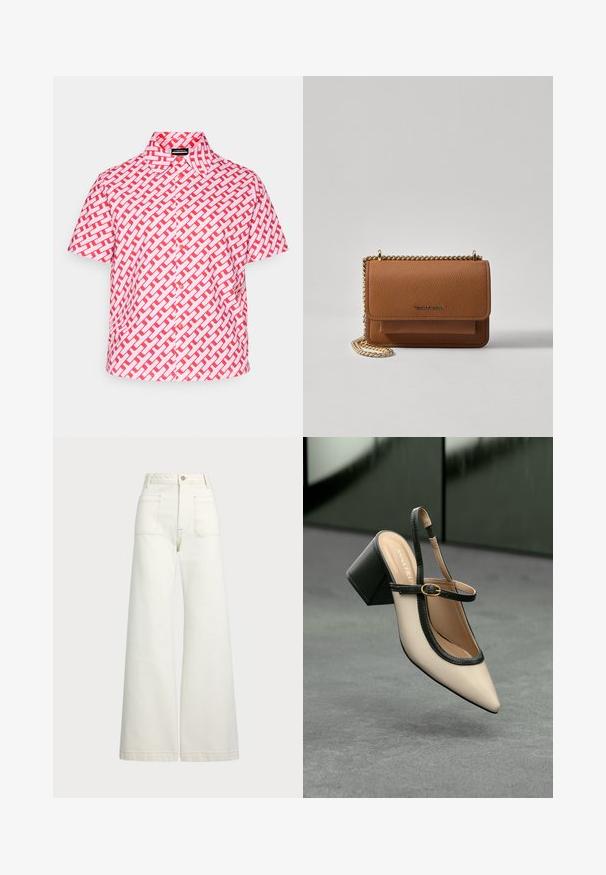 Short-sleeve shirt in white and red with a woven pattern. Features a classic collar and front button closure. Lightweight fabric.; Wide-leg jeans in off-white denim. High-waisted design with a button closure, two front pockets, and contrast stitching details.; Beige pointed-toe slingback shoe with black trim, gold buckle, and a chunky block heel on gray floor with dark green background.; Brown textured leather crossbody bag with gold chain strap and flap closure. Front features logo detail and a pocket under the flap.