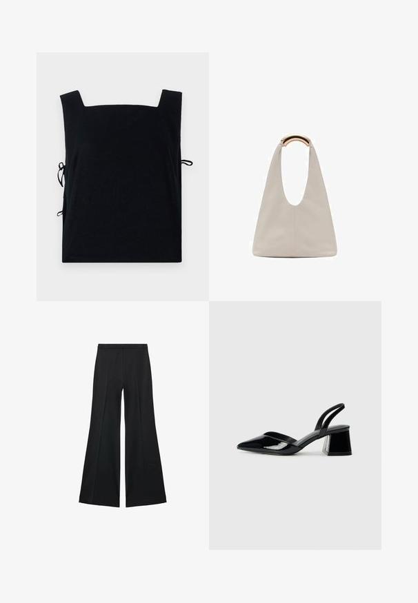 Czarna bluzka z kwadratowym dekoltem, wykonana z miękkiego materiału, z bocznymi związaniami umożliwiającymi regulację dopasowania. Prosty fason bez dodatkowych wzorów czy akcentów.; Czarne spodnie o szerokich nogawkach z gładką teksturą, z przodu ozdobione zakładkami i skrojonym fasonem. Materiał jest lekki i zwiewny.; Czarne lakierowane półbuty na obcasie z wydłużonym noskiem i geometrycznym słupkiem. Charakteryzują się eleganckim, minimalistycznym designem oraz gładką fakturą.; Jasnoszara skórzana torba o kształcie litery U z zakrzywionym metalowym uchwytem. Gładka tekstura z minimalnymi szwami i bez widocznych wzorów.