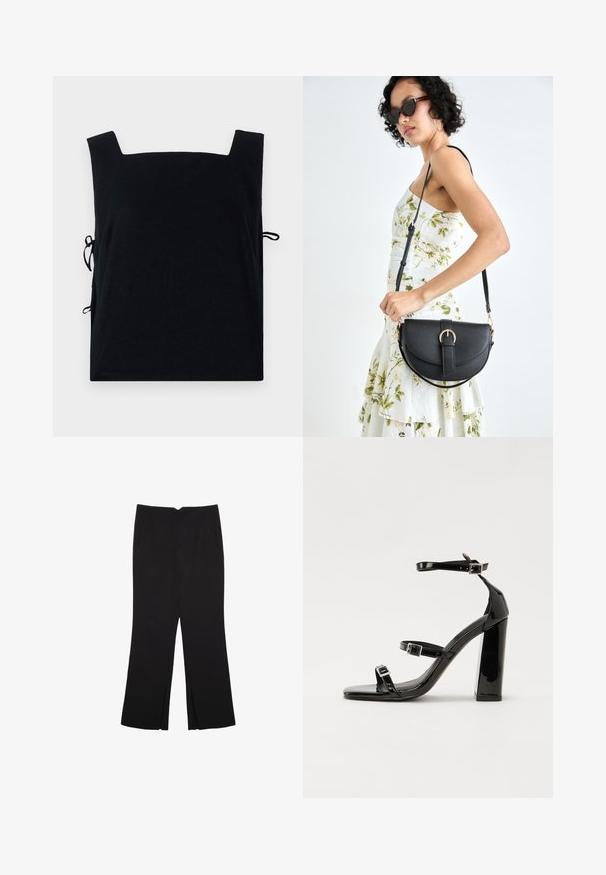 Zwarte top met vierkante halslijn, gemaakt van zacht materiaal, met zijstrikken voor een verstelbare pasvorm. Eenvoudig ontwerp zonder extra patronen of accenten.; Zwarte broek met een rechte pasvorm, voorzien van zijzakken en plooien aan de onderzijde. Gemaakt van zachte, gladde stof. Geschikt voor verschillende gelegenheden.; Zwarte gepatenteerde sandalen met hak en een vierkante neus, enkelbandjes en zilveren gespen. Heeft een stevige blokhak voor stabiliteit.; Zwarte leren handtas met een gebogen vorm, afneembare schouderband en gouden hardware. De tas heeft een klep met een gespsluiting.