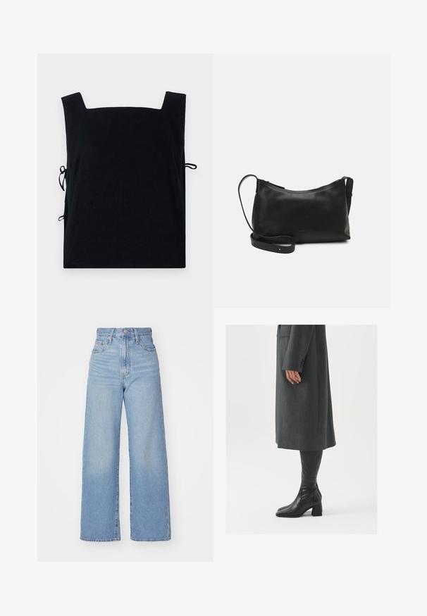 Black square-necked top made of soft fabric, featuring side ties for adjustable fit. Simple design with no additional patterns or accents.; Light blue high-waist wide-leg jeans with front button and zip closure, front and back pockets, on a white background.; Gray, tailored overcoat with a straight cut; paired with knee-high black leather boots featuring a square toe and chunky heel.; Black leather shoulder bag with a smooth texture, curved shape, adjustable strap, and a zip closure. Minimalist design without embellishments.