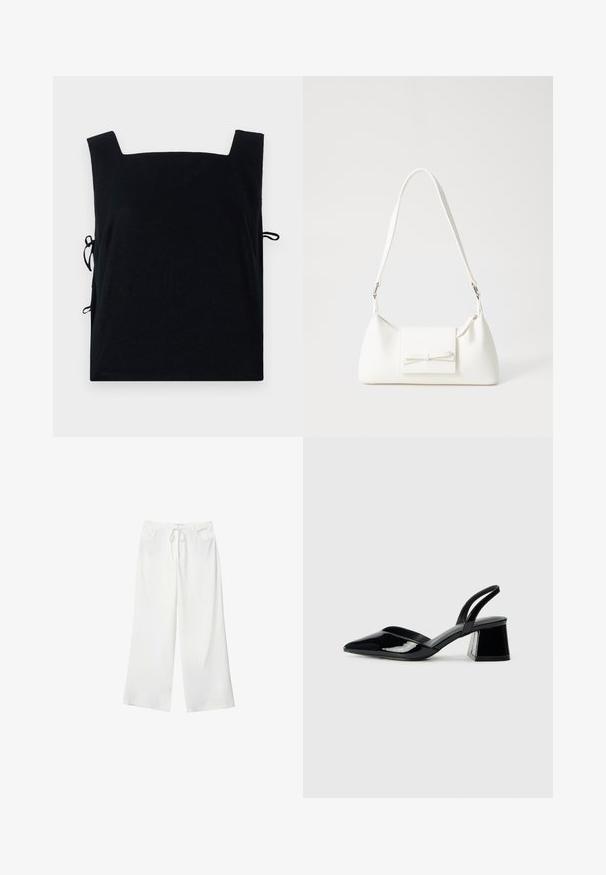 Čierny top so štvorcovým dekoltom z jemnej tkaniny s bočnými viazaniami pre nastaviteľné prispôsobenie. Jednoduchý dizajn bez ďalších vzorov alebo akcentov.; Biele široké nohavice vyrobené z mäkkej látky, s pásekom na sťahovanie a dvoma prednými vreckami. Hladká textúra a bez viditeľných vzorov.; Čierne lakované kožené sandálové podpätky s špicatou špičkou a geometrickým blokovým podpätkom. Disponujú elegantným, minimalistickým dizajnom a hladkým povrchom.; Biela syntetická kabelka s trojuholníkovým tvarom, plochým predným klapkou a detailom mašle, nastaviteľným popruhom, hladkou textúrou a minimalistickým dizajnom.
