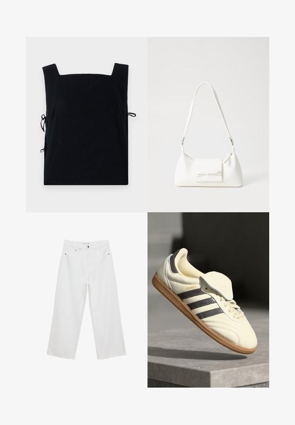 Top nero con scollo quadrato realizzato in un tessuto morbido, dotato di lacci laterali per una vestibilità regolabile. Design semplice senza ulteriori motivi o dettagli.; Jeans bianchi a gamba larga realizzati in denim con vita alta, dotati di cinque tasche e dettagli in metallo. Texture liscia, senza motivi visibili.; Sneaker in pelle crema con tre strisce scure, suola in gomma marrone e punta arrotondata. Presenta una linguetta pieghevole etichettata "SAMBA".; Borsa sintetica bianca a forma triangolare, con patta anteriore piatta e dettaglio a fiocco, tracolla regolabile, texture liscia e design minimalista.