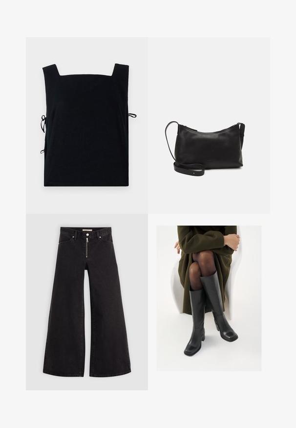 Top nero con scollo quadrato realizzato in un tessuto morbido, dotato di lacci laterali per una vestibilità regolabile. Design semplice senza ulteriori motivi o dettagli.; Jeans a gamba larga in denim nero con chiusura a zip, design a cinque tasche e dettagli di cucitura sottili. Texture morbida e stile casual.; Stivali neri in pelle alti fino al ginocchio con punta squadrata e tacco a blocco, mostrati con un modello seduto in un cappotto verde oliva. Texture liscia, dettagli minimi.; Borsa a spalla in pelle nera con una texture liscia, forma curva, tracolla regolabile e chiusura con zip. Design minimalista senza ornamenti.