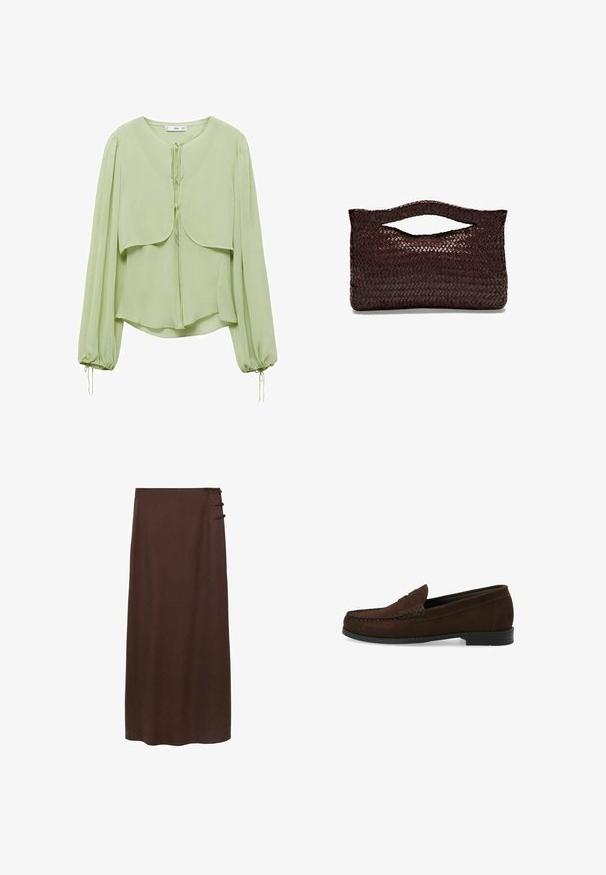 Lichtgroene blouse met ronde hals, geplooide lange mouwen en een gelaagd ontwerp aan de voorkant. Gemaakt van zachte, vloeiende stof met aantrekkoorden.; Bruine rok tot de vloer gemaakt van zacht materiaal. Heeft drie decoratieve zijknopen bij de taille. Eenvoudig, onopgemaakt ontwerp.; Bruine suède instapschoenen met een gestikt moccasin-neus, platte zwarte rubberen zool en een decoratieve bovenband en detail.; Geweven bruin leren handtas met een afgeronde bovenhandgreep en een open silhouet, met een gestructureerd oppervlak en een strak, minimalistisch ontwerp.