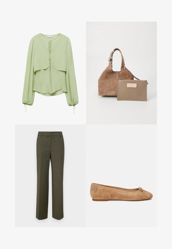 Hellgrünes Blusenshirt mit rundem Ausschnitt, plissierten langen Ärmeln und einem geschichteten Vorderdesign. Hergestellt aus weichem, fließendem Stoff mit Kordelzug-Akzenten.; Olivgrüne maßgeschneiderte Hose aus strukturiertem Stoff. Merkmale ein gerades Bein-Design mit flachem Vorderteil und ohne sichtbare Verzierungen.; Beige Wildleder Ballerinas mit leicht spitzem Zehenbereich, einer Schleifenakzent an der Vorderseite und einem kleinen metallischen Logo an der Ferse. Flache Sohle.; Braune Wildleder-Handtasche mit runder Form und kurzem Griff. Enthält ein abnehmbares, tanfarbenes Lederetui mit Reißverschluss und Logo-Akzent.