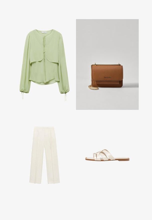 Blusa verde chiaro con scollatura rotonda, maniche lunghe a pieghe e un design anteriore a strati. Realizzata in un tessuto morbido e fluido con dettagli a coulisse.; Pantaloni a gamba larga di un leggero colore crema. Realizzati in un tessuto morbido con pieghe sul davanti e tasche laterali.; Infradito con suola in gomma color talpa, progettate con tre cinturini in pelle bianca sovrapposti e un piccolo dettaglio a fiocco al centro.; Borsa a tracolla in pelle marrone con texture, dotata di catena dorata e chiusura a pattina. Sul davanti presenta un dettaglio con logo e una tasca sotto la pattina.