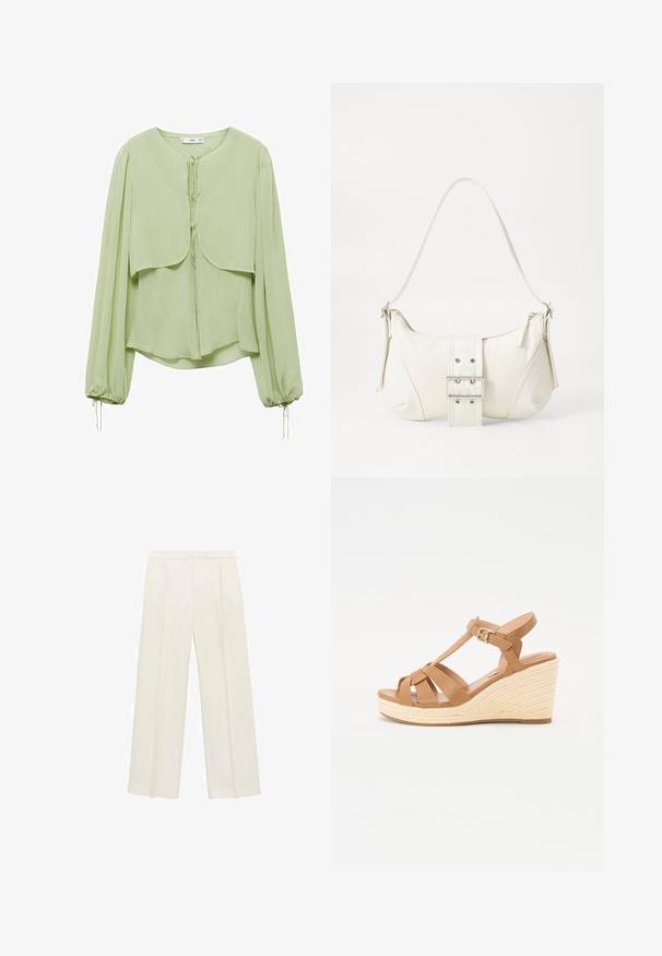 Svetlozelená blúzka s okrúhlym výstrihom, skladanými dlhými rukávmi a vrstveným predným dizajnom. Vyrobená z jemnej, splývavej látky s detaily na stiahnutie.; Široké nohavice vo svetlej krémovej farbe. Vyrobené z hladkej látky s skladmi vpredu a bočnými vreckami.; Hnedé wedges sandále s kríženým popruhom, nastaviteľnou prackou na členku a štruktúrovaným tkaným espadrilovým klinom.; Biela taška cez rameno s textúrovaným povrchom, centrálnou prackou a zakriveným tvarom. Zipsy na oboch stranách.