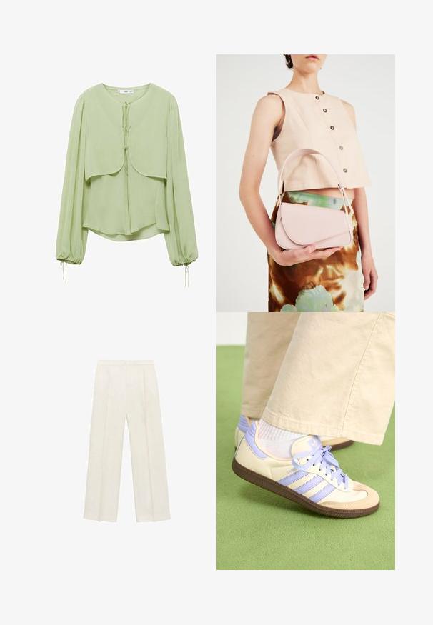 Lichtgroene blouse met ronde hals, geplooide lange mouwen en een gelaagd ontwerp aan de voorkant. Gemaakt van zachte, vloeiende stof met aantrekkoorden.; Wijdgevallen broeken in een lichtcrème kleur. Gemaakt van een zachte stof met plooien aan de voorkant en zijzakken.; Crème- en lavendel-sneakers met drie strepen en een gestructureerde bruine zool, voorzien van veters en een gewatteerde hiel. Zachte stoffen bovenkant.; Roze leren handtas met een gebogen klep, één schouderband en strakke lijnen. De tas vertoont een gladde textuur en een minimalistisch ontwerp.