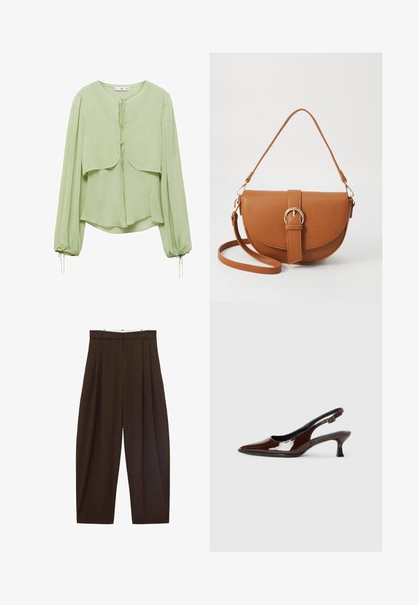 Ljusgrön blus med rund halsringning, plisserade långa ärmar och design med lager fram. Tillverkad av mjukt, flytande tyg med dragsko detaljer.; Bruna högmidjade byxor med veck, tillverkade av slätt tyg. Lätt lös passform, rak bendesign, med bältesöglor och dragkedja.; Brun lackläder slingback-sko med spetsig tå och en måttlig klack. Utrustad med en spännband för säker passform. Slät textur.; Brun läder crossbody-väska med en böjd form, gyllene detaljer och en spänneaccent. Har en avtagbar axelrem.