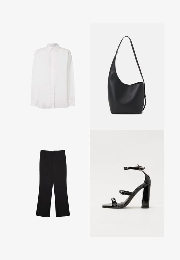 Bela dolgimi rokavi srajca iz bombaža. Ima ovratnik z gumbi, sprednje gumbe in ravno spodnje robove. Diskretno označevanje na prsih.; Črne hlače ravnega kroja z naglavnimi žepi in stranskimi razporki na robu. Narejene iz mehke, gladke tkanine. Primerne za različne priložnosti.; Črne lakirane sandale s peto, kvadratnim prstom, trakovi okrog gležnja in srebrnimi zaponkami. Opremljene so s stabilno Debelo peto.; Črna usnjena hobo torba z gladko teksturo, ukrivljeno obliko in eno nastavljivo naramnico; ima širok odprtina na vrhu.