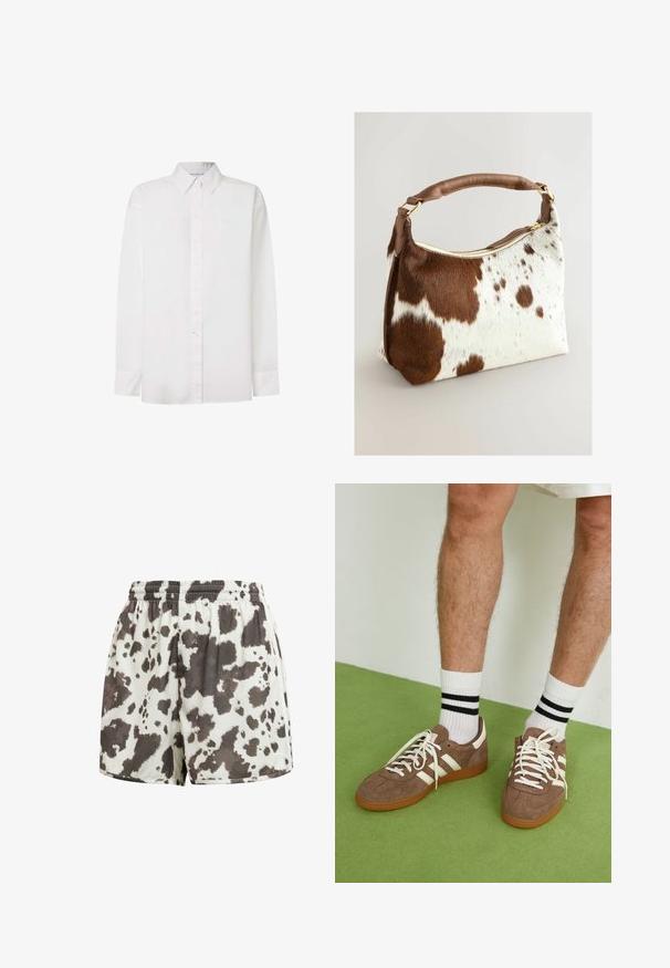Hvid langærmet skjorte lavet af bomuld. Har en knap-ned krave, forreste knapper og en lige kant. Subtle branding på brystet.; Stribede shorts i creme med et brunt og sort kvægprint. Glat tekstur, løs pasform, sydd kant og elastisk talje.; Brune ruskind sneakers med hvide detaljer og snørebånd. Gummisål i naturgummi. Båret med hvide sokker med sorte striber. Grøn struktureret gulv.; Lædertaske i gedeskind med brun og hvid pletmønster, brun læderrem, guldlås og blød tekstur. Struktureret form med afrundede kanter.