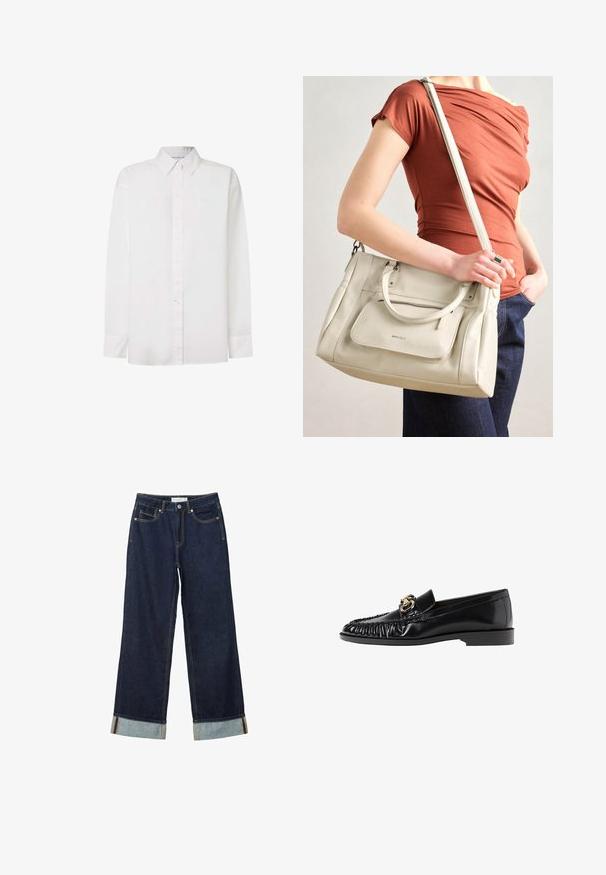 Camicia bianca a maniche lunghe in cotone. Presenta un colletto a punta, bottoni davanti e un orlo dritto. Branding discreto sul petto.; Jeans ampi di colore blu scuro con vita alta, dotati di risvolti, cuciture a contrasto e design a cinque tasche. Realizzati in tessuto denim.; Mocassino in pelle nera con punta rotonda, texture arricciata e accento in hardware dorato. Tacco piatto e finitura liscia in tutta la sua superficie.; Borsa a tracolla bianca in pelle con doppi manici e tracolla staccabile, dotata di una tasca con zip frontale e texture liscia. Portata al braccio di una persona.