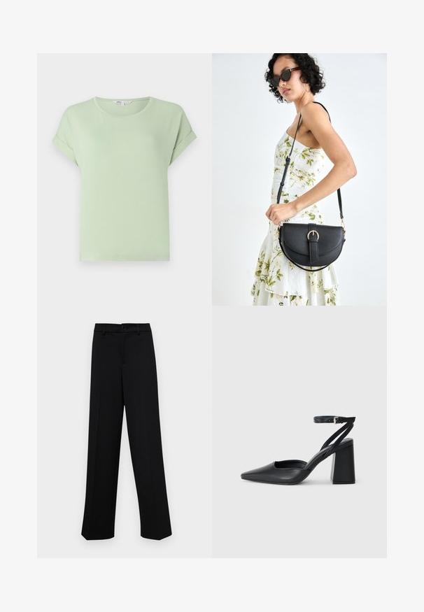 Light green T-shirt made from soft fabric, featuring a round neckline and rolled short sleeves. Simple, relaxed fit with no patterns or accents.; Black wide-leg trousers made of smooth fabric, featuring a classic waistband with a button closure and front pleats.; Black leather pointy-toe pump with an ankle strap and a chunky heel. Flat texture, sleek design, and minimalistic aesthetics.; Black leather handbag with a curved shape, detachable strap, and gold hardware. The bag features a flap with a buckle detail.