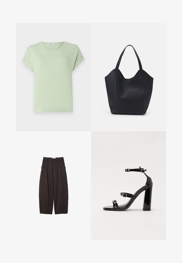 Helles grünes T-Shirt aus weichem Stoff, mit rundem Halsausschnitt und umgeschlagenen kurzen Ärmeln. Schlichte, lockere Passform ohne Muster oder Akzente.; Schwarze weit geschnittene Hosen aus einem glatten Stoff, mit hoher Taille, Frontfalten und Seitentaschen. Schlichtes Design ohne Verzierungen.; Schwarze patentierte Sandalen mit Absatz, quadratischer Spitze, Knöchelriemen und silbernen Schnallen. Mit einem stabilen Blockabsatz für mehr Stabilität.; Schwarze Tote-Bag aus glattem Leder, mit einem abgerundeten, offenen Oberteil, zwei Schulterträgern und einem minimalistischen Design.
