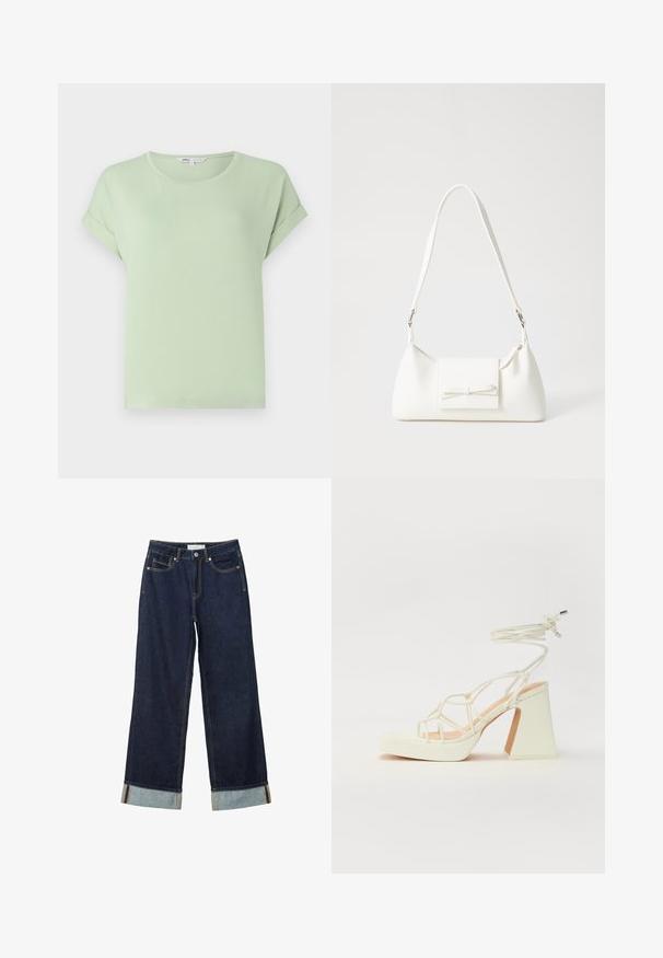 Svetlozelené tričko vyrobené z mäkkej tkaniny, s okrúhlym výstrihom a krátkymi rukávmi s zahnutými okrajmi. Jednoduchý, voľný strih bez vzorov alebo akcentov.; Tmavo modré široké nohavice s vysokým pásom, s manžetami, kontrastným šitím a dizajnom s piatimi vreckami. Vyrobené z denimu.; Biele sandále na vysokom opätku s hrubým podpätkom, s pruhovaným dizajnom a viazaním na členku. Hladký povrch s platformou vpredu pre zvýšenú výšku.; Biela syntetická kabelka s trojuholníkovým tvarom, plochým predným klapkou a detailom mašle, nastaviteľným popruhom, hladkou textúrou a minimalistickým dizajnom.