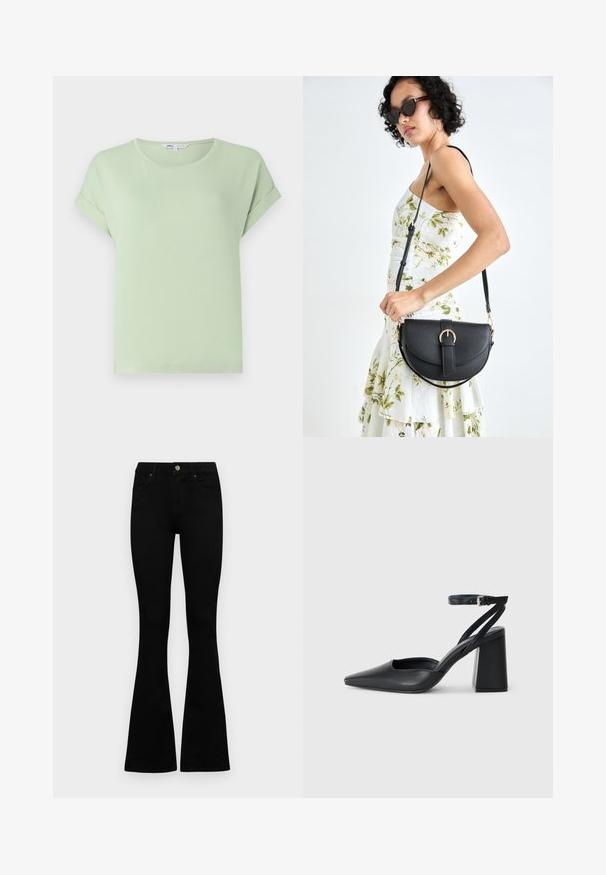 Light green T-shirt made from soft fabric, featuring a round neckline and rolled short sleeves. Simple, relaxed fit with no patterns or accents.; Black high-waist jeans with a button and zip closure, front pockets, and flared legs laid flat on a white background.; Black leather pointy-toe pump with an ankle strap and a chunky heel. Flat texture, sleek design, and minimalistic aesthetics.; Black leather handbag with a curved shape, detachable strap, and gold hardware. The bag features a flap with a buckle detail.
