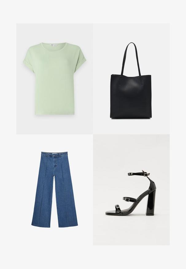 T-shirt verde chiaro realizzato in tessuto morbido, con scollatura rotonda e maniche corte arrotolate. Taglio semplice e rilassato, senza motivi né accenti.; Jeans in denim a gamba larga di blu medio, con vita alta, chiusura con bottone e dettagli delle cuciture verticali a contrasto lungo la parte anteriore.; Sandali con tacco in vernice nera, con punta squadrata, cinturini alla caviglia e fibbie in argento. Presentano un tacco a blocco spesso per maggiore stabilità.; Borsa tote in pelle nera con texture liscia, forma rettangolare e due manici lunghi. Nessun hardware o decorazione visibile.