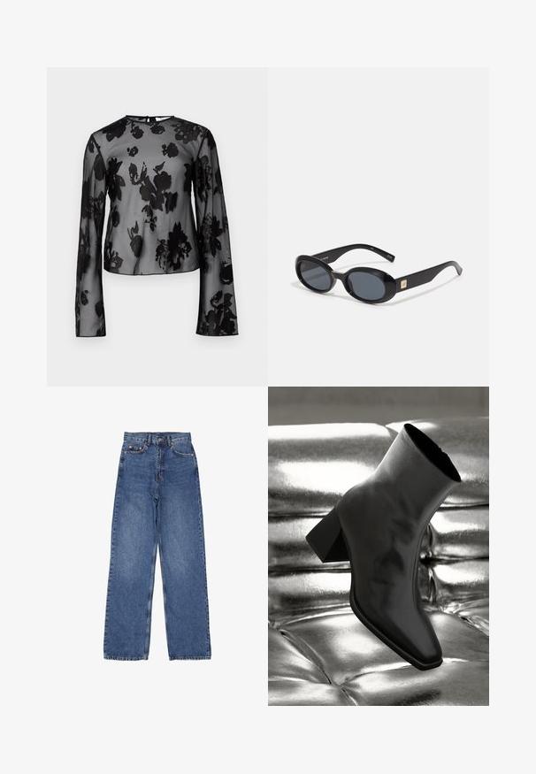 Blusa nera trasparente a maniche lunghe con motivi floreali, scollo rotondo e chiusura a chiave sulla schiena. Tessuto morbido e leggero con un aspetto trasparente.; Jeans in denim con vita alta e gambe larghe, caratterizzati da un classico lavaggio blu, cuciture visibili e dettagli metallici sulla tasca frontale.; Stivale alla caviglia nero realizzato in materiale lucido con punta quadrata e tacco affusolato, posizionato su uno sfondo argentato lucido con imbottiture a sfera.; Occhiali da sole ovali neri con lenti scure, montatura in plastica lucida, aste larghe e un piccolo accent in oro su un lato.