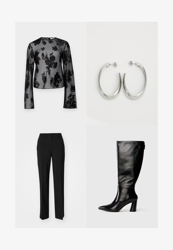 Blusa preta transparente de mangas longas com padrões florais, decote redondo e fecho nas costas em forma de olho de fechadura. Tecido suave e leve com uma aparência transparente.; Calças pretas de corte ajustado com um design de perna reta, apresentando uma textura lisa e pregas bem definidas na frente. Sem hardware visível.; Bota de couro preta até o joelho com bico fino, textura lisa e salto robusto. Possui um fecho de zíper na parte traseira.; Pendentes de argola prateados com um design liso e curvado. Apresentam um acabamento metálico brilhante e fecho de pressão. Sem padrões ou detalhes visíveis.
