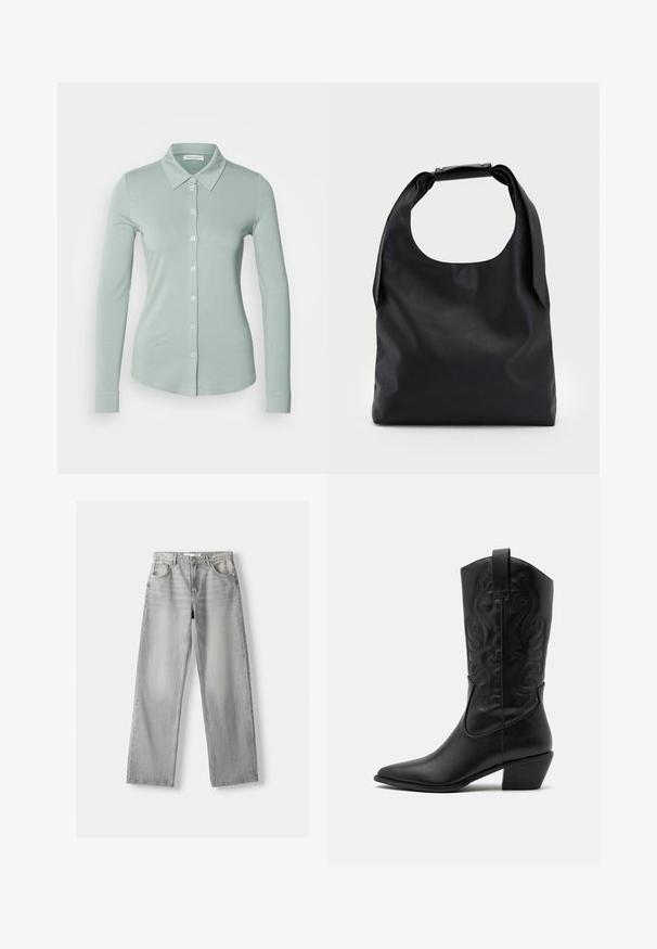Marc O'Polo LONG SLEEVE COLLAR PLACKET - Button-down blouse - faded mint; Light gray denim jeans with a straight-leg design, featuring two front pockets, a button closure, and subtle fading for texture.; Black leather cowboy boot with pointed toe, embossed swirling patterns, and a mid-height heel. Features a pull tab for easy wear.; Black leather hobo bag with a single, soft, rounded handle; features a smooth texture and a minimalist design. No visible hardware or accents.