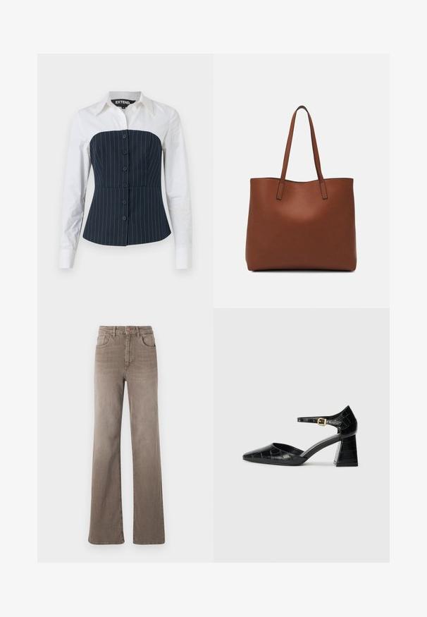Tettskjorte med hvit krage, mørk navy strutted bodice, og seks svarte knapper foran. Lange hvite ermer festet under midjen.; Brune høy midje rette jeans med frontknapp, beltesløyfer og klassisk fem-lomme design på hvit bakgrunn.; Svart lakkert høye hæler med spiss tupp, ankelstropp og teksturert krokodilleskinn-mønster. Design med firkantet blokkhæl.; Brun lær tote veske med en jevn tekstur, åpen toppdesign og to skulderstropper. Har minimal søm og ingen synlige spiker.