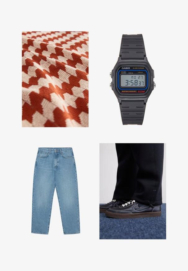 Next REGULAR FIT - SHORT SLEEVE - Marškiniai - orange; Šviesiai mėlyni džinsai su plačiomis kojomis ir aukštu liemeniu, turintys penkias kišenes, diržo kilpas ir švelnų, šiek tiek išblukusį tekstūrą.; Nike Sportswear KILLSHOT 2 LTR PRM OPP2 - Sportbačiai - black sail baroque brown mtlc dk grey; Skaitmeninis laikrodis su juodu guminiu dirželiu ir stačiakampiu ciferblatu. Jame yra pilkas LCD ekranas, mėlyni ir raudoni akcentai, taip pat atsparumas vandeniui iki 50m.