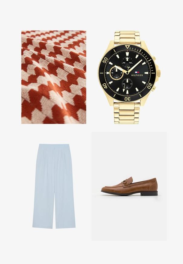 Next REGULAR FIT pomarańczowy; Jasnoniebieskie spodnie o szerokich nogawkach, wykonane z gładkiego materiału, z przodu z zakładkami i elastycznym pasem dla wygody.; Brązowe skórzane mokasyny z płaskim obcasem, z dekoracyjnym metalowym akcentem z przodu, eleganckim designem i gładką fakturą.; Złototona metalowa zegarek z czarną tarczą, luminescencyjnymi znacznikami i trzema sub-tarczami. Posiada teksturowany pasek oraz logo "HILFIGER" na środku.