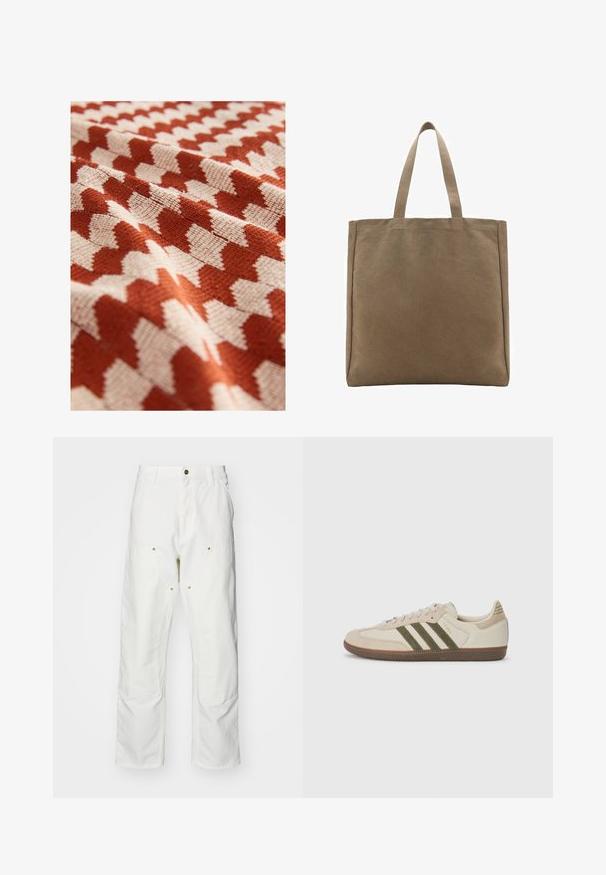 Next REGULAR FIT - SHORT SLEEVE - Shirt - orange; White cotton cargo pants with a relaxed fit. Features include front pockets, gold hardware accents, and reinforced knee sections.; adidas Originals SAMBA OG UNISEX - Trainers - alumina/medium dark khaki/gum; Canvas tote bag in tan, featuring two sturdy handles. Rectangular shape with a smooth texture and no visible embellishments.