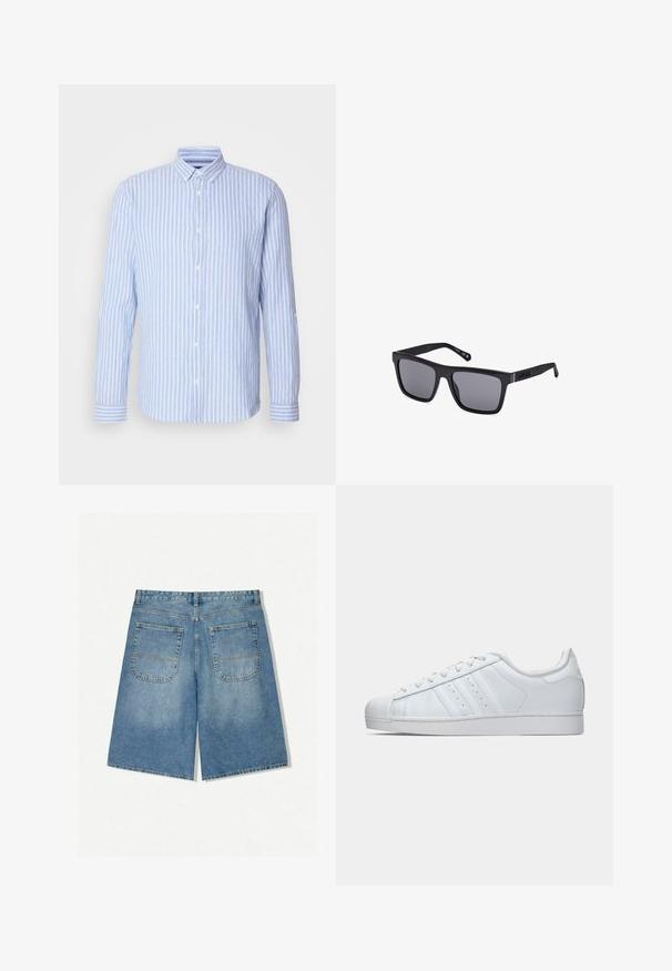 Vaaleansininen ja valkoinen raidoitettu pitkähihaisessa paidassa on nappikaulus, edessä valkoiset napit ja hihansuiden yksityiskohdat.; Musta polo paita lyhyillä hihoilla, jossa on teksturoitu neulekuvio, kolmen napin lista ja klassinen kaulussuunnittelu.; Vaaleansiniset farkkushortsit, joissa on väljät mitat, kaksi takataskua ja näkyvät saumat. Kankaassa on pehmeä ja sileä pinta.; Valkoinen nahkasneakeri, jossa on текстuroitu kuminen varvaskansi, kolme sivuviivaa ja pehmustettu kaulus. Litteät valkoiset nauhat ja minimaalinen muotoilu.; Mustat suorakulmaiset aurinkolasit tummilla linsseillä, matta viimeistelyllä ja logoyksityiskohdalla temppelissä. Suunnittelussa on suorat reunat ja paksut kehykset.