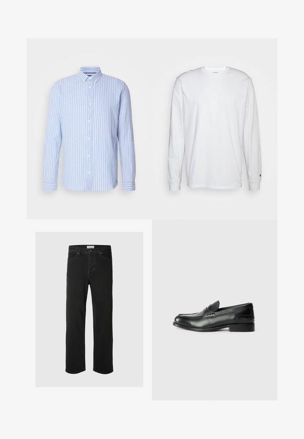 Camicia a maniche lunghe a righe blu chiaro e bianche con colletto button-down, presenta una patta frontale con bottoni bianchi e dettagli ai polsini.; T-shirt bianca a maniche lunghe realizzata in cotone. Design con collo rotondo, polsini a costine e un piccolo logo sulla manica sinistra. Texture liscia.; I jeans in denim nero a gamba dritta presentano un classico design a cinque tasche con chiusura a bottone, cuciture minime e una texture morbida.; Mocassini in pelle nera con finitura liscia, dettagli cuciti sulla parte superiore e tacco leggermente rialzato.