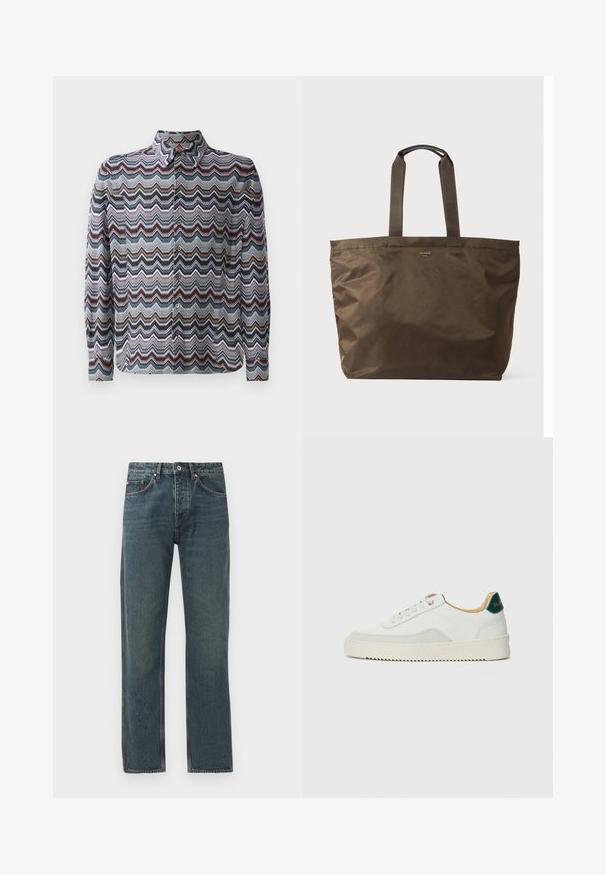 Pikend käised särk, millel on sinine, roosa ja kreemivalge soonikujundus. Valmistatud kergest kangast ja varustatud nööbiga kaelusega.; Tumed sinine denimist teksad sirge jala disainiga, viie tasku, nööbiga sulgemise ja kontrastsete õmbluse detailidega.; Valged tennisjalanõud, millel on sametised aktsendid, ümar varvas, lame nöörid ja kreemjas kummine põhja. Hästi nähtav roheline bränding kannal.; Pruun nailonist kott, millel on kaks kangast käepidet ja sile tekstuur. Ees on minimaalne brändimine.