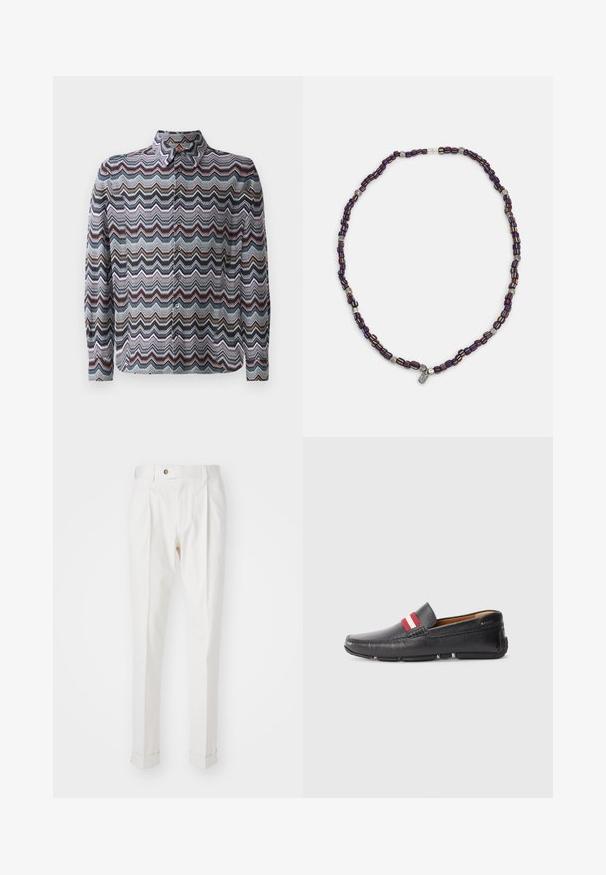 Ilgos rankovės marškiniai su žaibo raštu mėlynos, rožinės ir kreminės spalvų. Pagaminti iš lengvos medžiagos su mygtukų apykakle.; Baltos, pritaikytos kelnės su lygiu priekiu, dviem raukšlėmis ir prisuktomis rankovėmis. Pagamintos iš lygios medžiagos, su mygtuku juosmenyje.; Juodos odinės slip-on tipo bateliai su tekstūruota paviršių, raudonu ir baltu dryžuotu akcentu ant viršaus, apvaliu nosiu ir guminėmis padangomis.; Daugiaspalvė karoliukų apyrankė su tamsiai mėlynais, raudonais ir geltonais karoliukais, išsidėsčiusiais kartu su sidabriniais akcentais ir kabamu žavesiu.