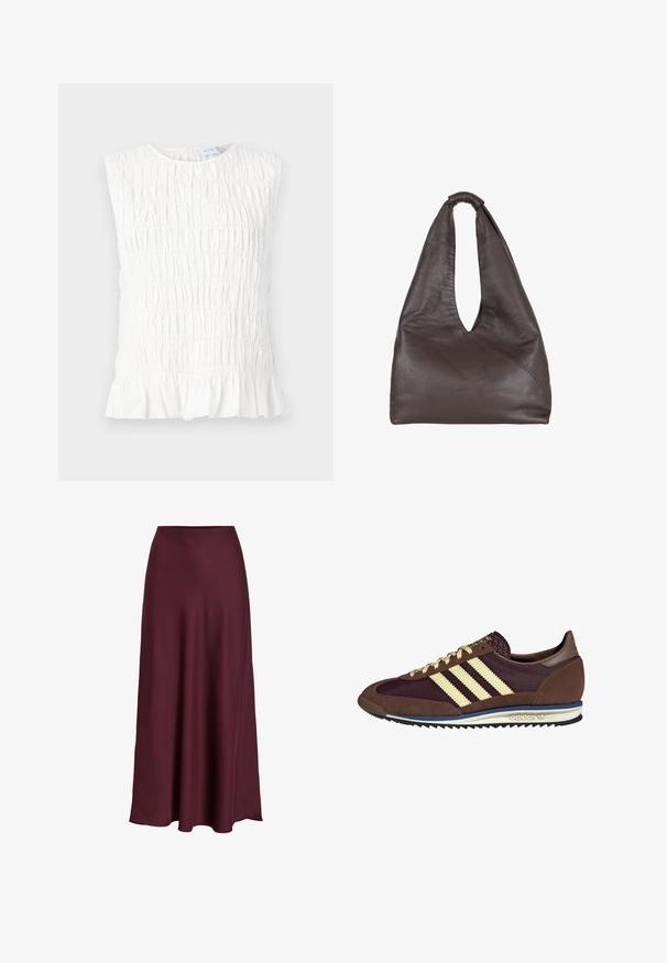 Hvid ærmeløs top med en samlet tekstur, der har en rund halsudskæring og en flæsekant. Lavet af blødt, letvægtsstof.; Bordeaux satin maxiskirt med en glat tekstur, høj talje og en flydende silhuet, der svømmer blidt ud mod nederkanten.; Brune og bordeaux sneakers lavet af ruskind og mesh-materialer, med tre cremefarvede striber, tekstureret stof på tungen, og en gummisål.; Brun lædertaske med en slaskende, overdimensioneret design. Har et løkkegreb og en dyb V-formet åbning for nem adgang. Blød tekstur, minimalistisk stil.