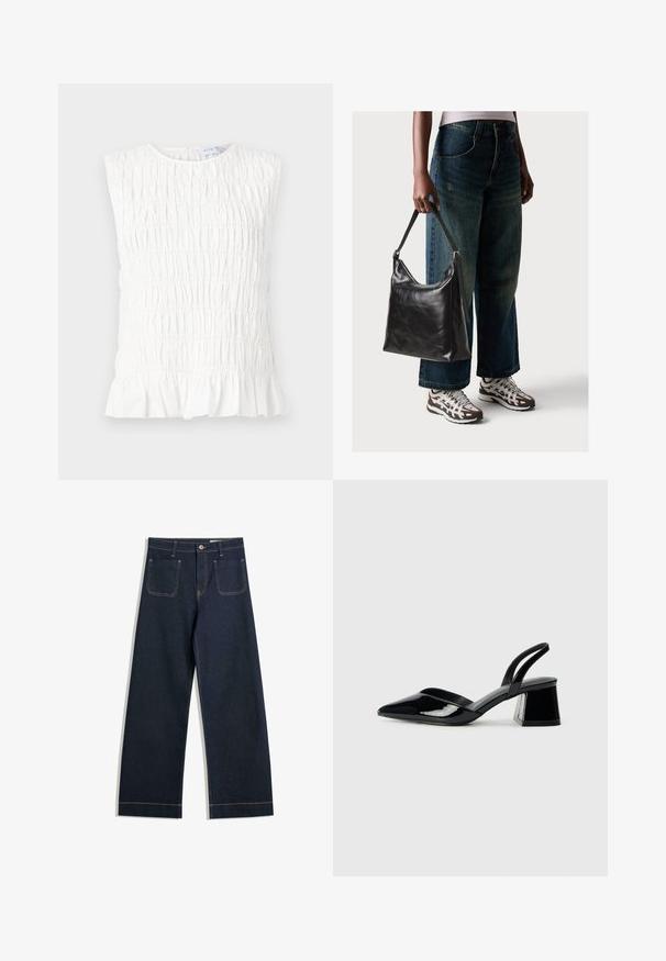 Top alb fără mâneci cu textură plisată, având un decolteu rotund și un tiv ondulat. Fabricat dintr-un material moale și ușor.; Jeans largi de culoare albastru închis, din denim, cu cusături de un bej contrastant, două buzunare la spate și încheiere cu nasture la talie.; Pantofi cu toc slingback din piele lacuită neagră, cu vârf ascuțit și toc geometric. Prezintă un design elegant, minimalist și o textură netedă.; Geantă de umăr din piele neagră, cu o textură netedă și curea ajustabilă, asortată cu blugi evazați și adidași.