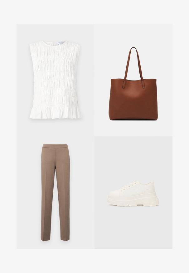 White sleeveless top with a gathered texture, featuring a round neckline and a ruffled hem. Made from soft, lightweight fabric.; Brown, fitted trousers with a smooth, stretchy fabric. Straight legs and a flat waistband without visible hardware or pockets.; White canvas sneaker with a chunky sole, rounded toe, and five eyelets for laces. Back tab for easy wear. Smooth texture, minimalist design.; Brown leather tote bag with a smooth texture, open top design, and two shoulder straps. Features minimal stitching and no visible hardware.