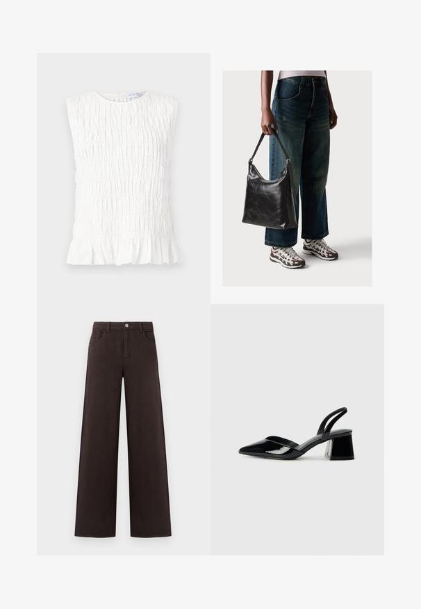 Witte mouwloze top met een geplooide textuur, voorzien van een ronde halslijn en een gerimpelde zoom. Gemaakt van zachte, lichte stof.; Wijde broek in donkergemeen katoen. Voorzien van een knoopsluiting en voorzakken, met een gladde textuur en strakke lijnen.; Zwarte gepatineerde leren slingback hakken met een spitse neus en een geometrische blokhak. Kenmerkt zich door een slank, minimalistisch ontwerp en een gladde textuur.; Zwarte leren schoudertas met een gladde textuur en een verstelbare strap, gecombineerd met vervaagde wijde jeans en sportieve sneakers.