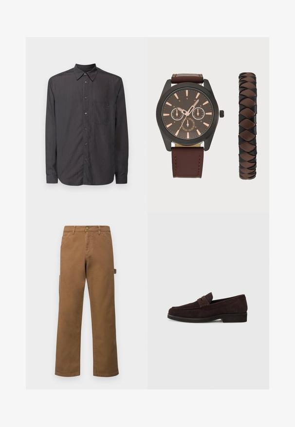 Cămașă neagră cu mâneci lungi, cu dungi verticale, guler cu nasturi, buzunar frontal și nasturi asortați. Textură de țesătură netedă.; Pantaloni cargo din bumbac maro, cu picioare drepte, având buzunare laterale și închidere cu buton metalic la talie. Textură netedă și design casual.; Mocasini din suede maro cu un profil scăzut și vârf rotunjit. Prezintă o curea decorative pe partea superioară, talpă din cauciuc plat și fără cusături vizibile.; Pier One SET - Ceas de mână - black/brown