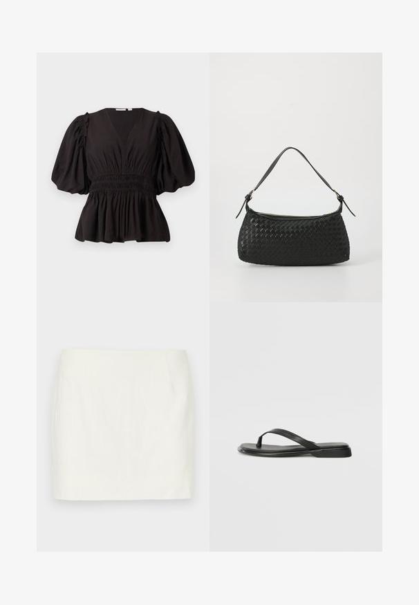 Fekete puffujjú felső mély V-nyakkal, ráncolt derékkal és bővülő szegéllyel. Könnyű anyagból készült, sima textúrával.; Fehér vászon mini szoknya egyenes vonallal, oldalsó zsebekkel és sima felülettel. Nincsenek látható minták vagy díszítések.; Fekete papucs sima bőrből, vékony pántkel és lapos talppal rendelkezik, minimális profilú. Nincsenek kiemelkedő minták vagy díszítések.; Fekete szőtt válltáska sima bőrszíjjal és cipzáros záródással. Texturált felülete és ívelt formája van.