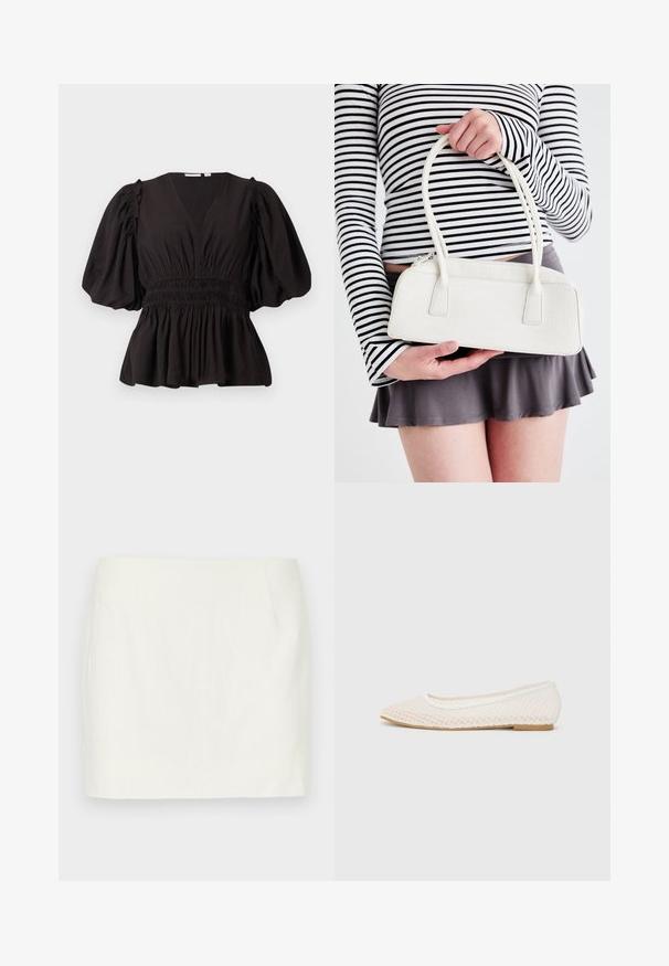 Top negru cu mâneci bufante, decolteu adânc în V, talie strânsă și margine evazată. Confecționat dintr-un material ușor, cu o textură fină.; Fustă mini din in alb, cu croială dreaptă, dotată cu buzunare laterale și o textură netedă. Fără modele sau accente vizibile.; Pantofii albi, cu design din plasă, au vârf ascuțit și o talpă joasă, plată. Partea superioară texturată este căptușită pe interior cu un material neted și are un finisaj subtil contrastant.; Geantă albă din piele cu model de crocodil, cu două mânere, formă rectangulară și închidere cu fermoar. Afișată pe un fundal deschis.