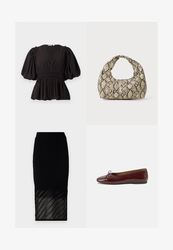 Czarny top z bufiastymi rękawami, głębokim dekoltem w kształcie V, marszczoną talią i rozkloszowanym dołem. Wykonany z lekkiego materiału o gładkiej strukturze.; Czarna spódnica o prążkowanej teksturze, z przezroczystym dołem w poziome paski. Projekt jest dopasowany, sięgający do połowy łydki.; Bordowe baleriny z lakierowanej skóry z zaokrąglonym noskiem, małą kokardką z przodu oraz niską, czarną gumową podeszwą. Gładka tekstura.; Torebka w wężowy wzór z zakrzywionym uchwytem. Wykonana z teksturowanych, beżowych i brązowych materiałów, z charakterystycznym wzorem w diamenty.