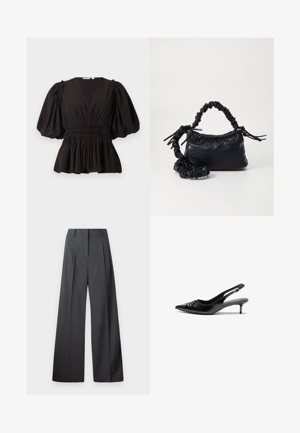 Top preto com mangas bufantes e decote em V profundo, cintura franzida e barra godê. Feito de um tecido leve com uma textura suave.; Calças de perna larga em tecido cinza escuro, apresentando uma cintura alta, pregas simples e uma textura suave com um acabamento limpo nas bainhas.; Sapatos de salto alto slingback em couro preto com bico fino, pequeno salto kitten e um detalhe decorativo em forma de nó na parte da frente. Textura suave em toda a parte.; Bolsa de mão em couro sintético preto com textura de crocodilo, topo franzido e alça enrugada. Apresenta um design suave e compacto.