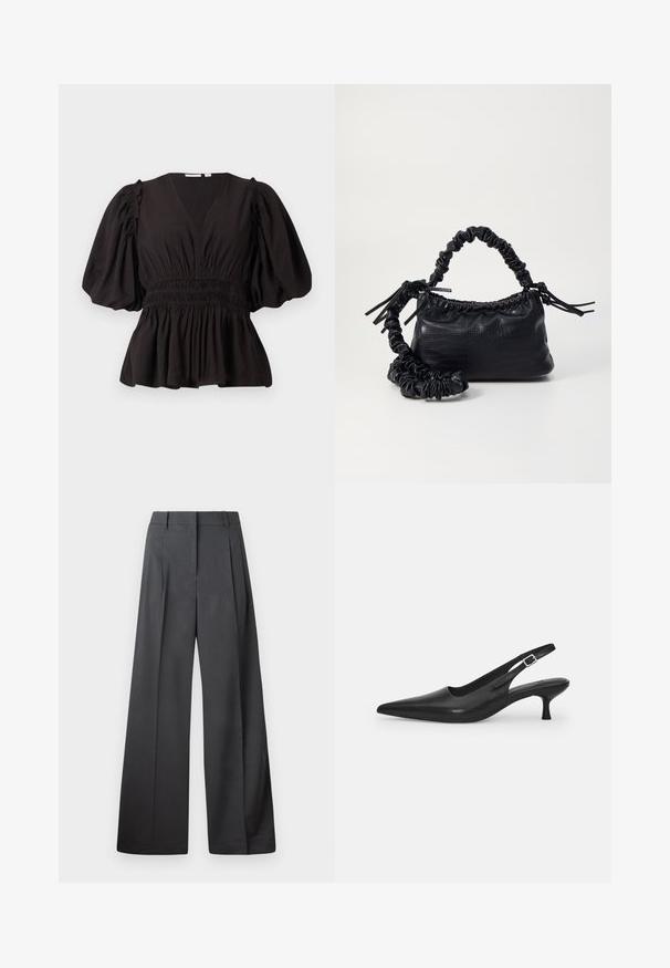Svart topp med puffermer, dyp V-hals, samlet midje og utvidet kant. Laget av lett materiale med en glatt tekstur.; Vide bukser i mørkegrått stoff med høy livlinje, enkel press, og en glatt tekstur med en ren finish på ermekantene.; Svart lær slingback sko med spiss tå og smal, buet hæl. Har en diskret justerbar rem med en metallspenne.; Svart faux skinn-håndveske med krokodilletekstur, strammet topp og en rynket stropp. Ser myk og kompakt ut i designen.