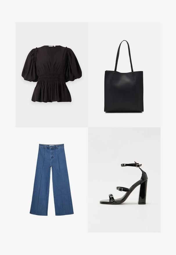 Schwarzes Oberteil mit Puffärmeln, tiefem V-Ausschnitt, gerafftem Taillenbereich und ausgestellt geschnittenem Saum. Hergestellt aus leichtem Stoff mit glatter Textur.; Weite Jeans aus Denim in Mittelblau, mit hoher Taille, Knopfverschluss und kontrastierenden vertikalen Nahtdetails an der Vorderseite.; Schwarze patentierte Sandalen mit Absatz, quadratischer Spitze, Knöchelriemen und silbernen Schnallen. Mit einem stabilen Blockabsatz für mehr Stabilität.; Schwarze Laptoptasche aus Leder mit glatter Textur, rechteckiger Form und zwei langen Griffen. Keine sichtbaren Beschläge oder Verzierungen.